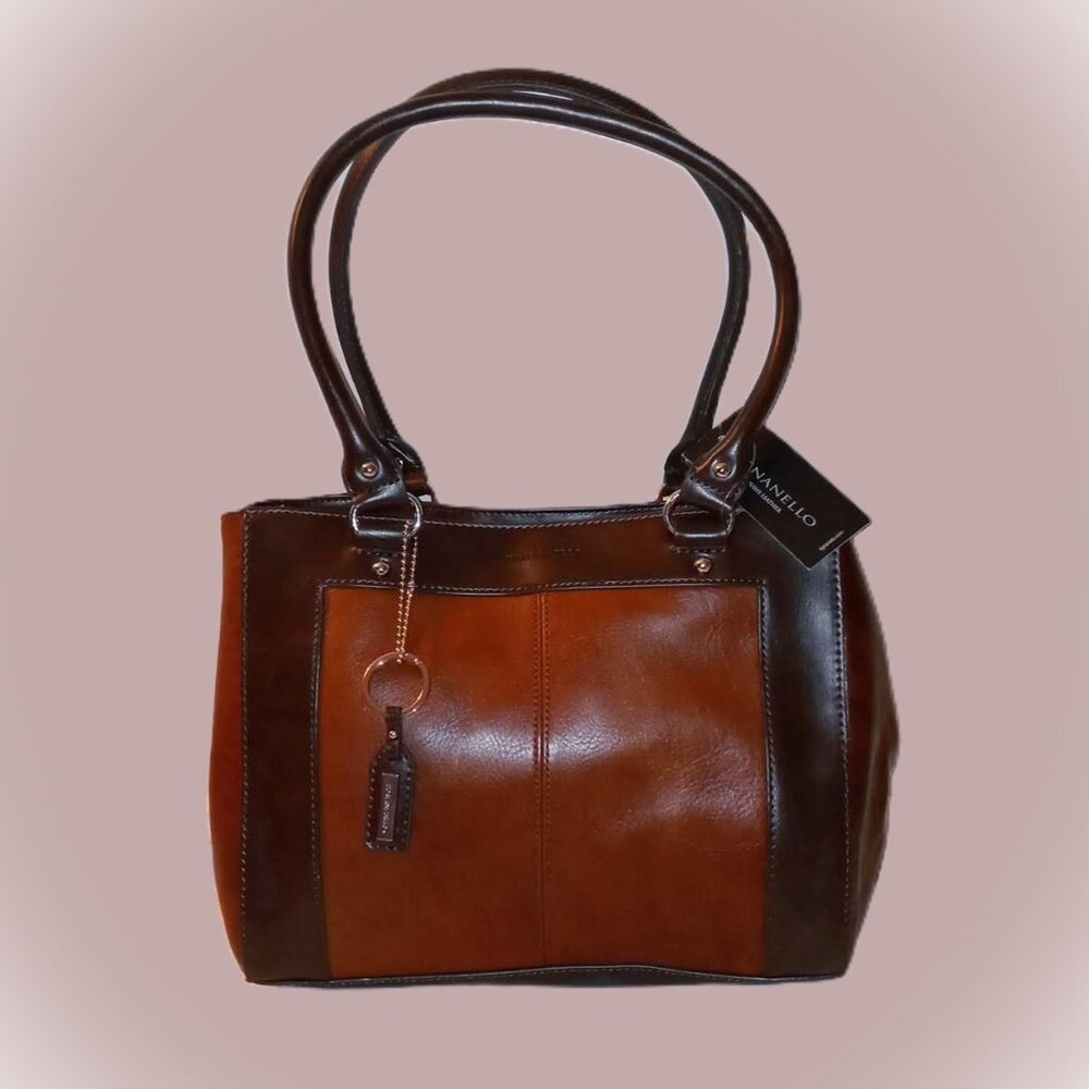 Tignanello Dark Brown/Rust Framed Leather Satchel with Matching Key Chain